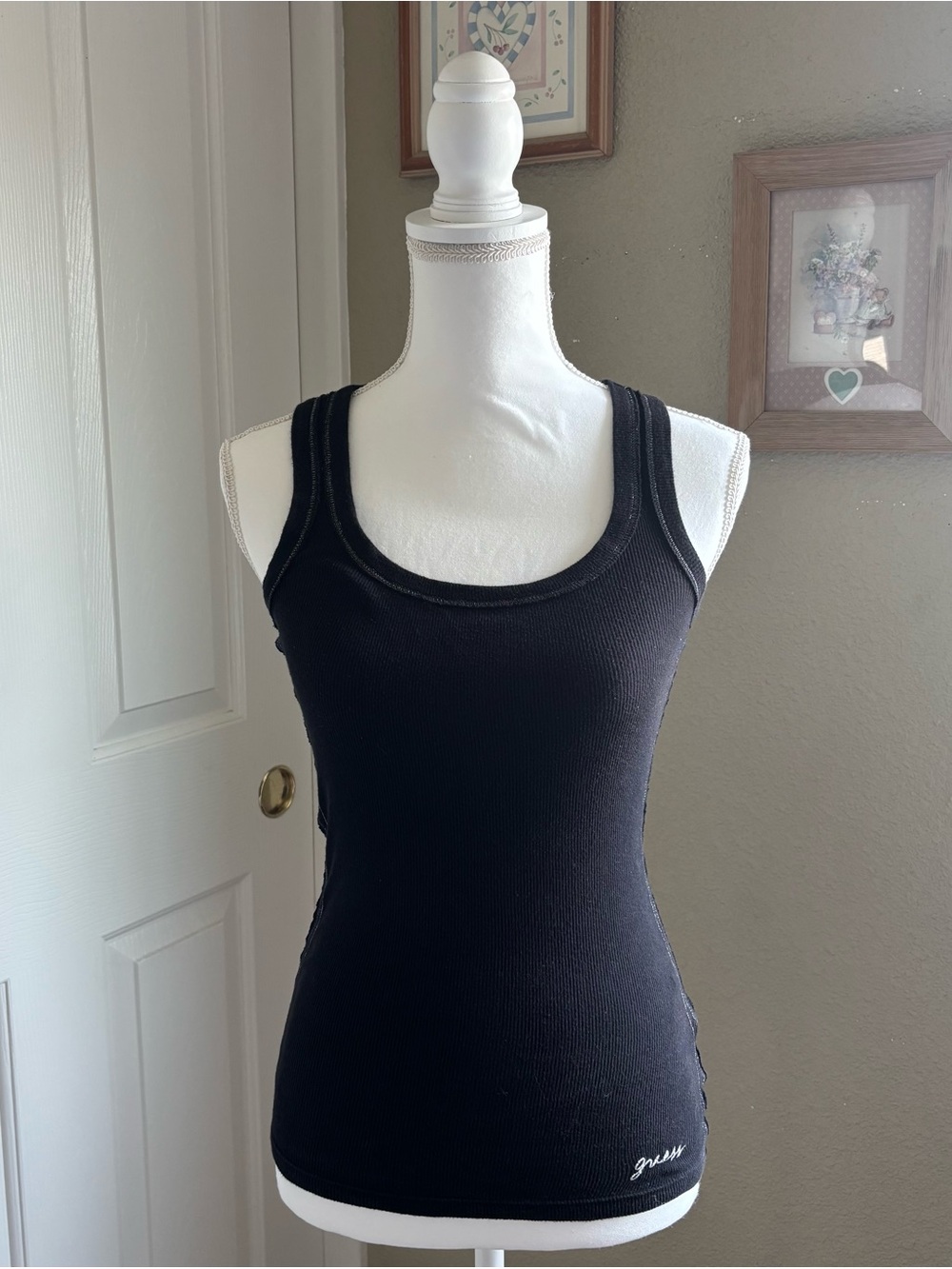 Guess Black Ribbed Tank Top - Double Strap Scoop Neck